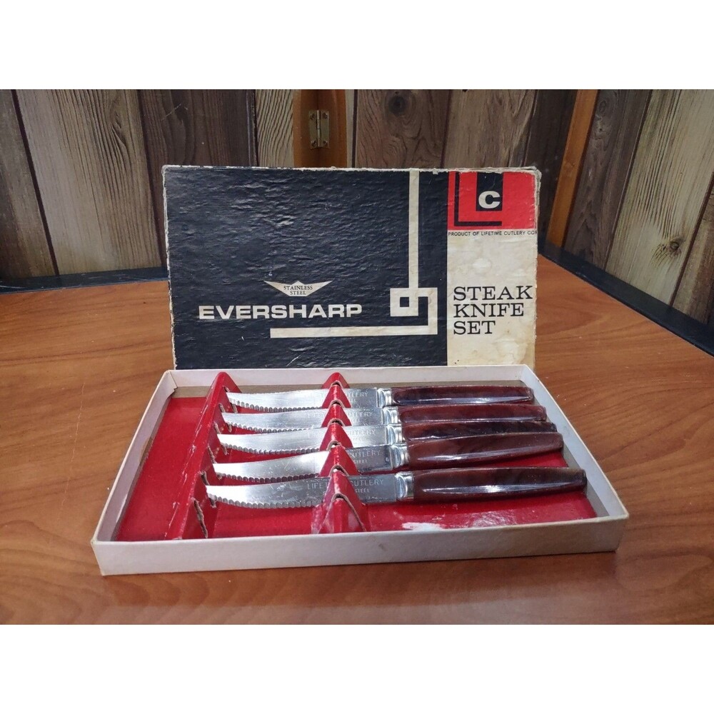Vintage Set of 5 Lifetime Cutlery Eversharp Stainless Steel Steak Knife Set